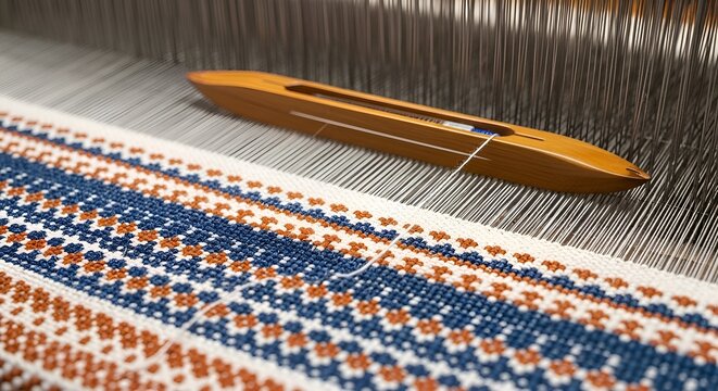 Traditional Textile Weaving on Loom with Wooden Shuttle and Colorful Pattern
