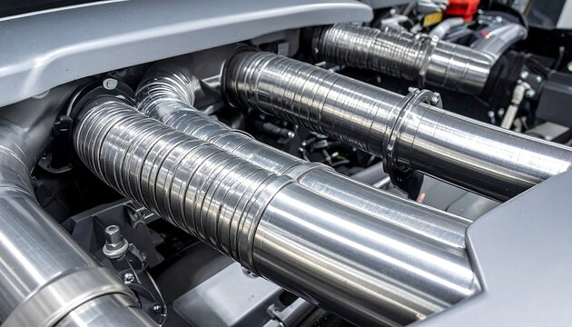 Close-up of a high-performance vehicle engine compartment showcasing metallic tubing and surrounding components in a clean, industrial aesthetic