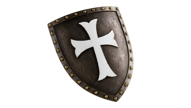 Medieval Black Steel Shield with White Cross Emblem and Rivets