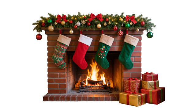 Festive Brick Fireplace with Stockings Garland Ornaments, and Presents