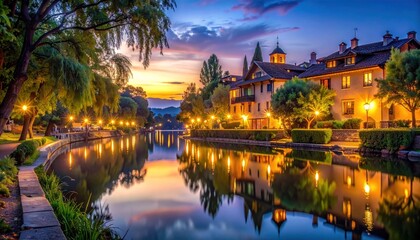 Naklejka premium Evening scene of a calm river lined with lit buildings and lush trees reflecting vibrant sunset hues