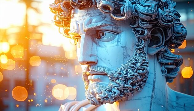 White marble sculpture of bearded male head with intricate curly hair against sunlit city bokeh background in classical style