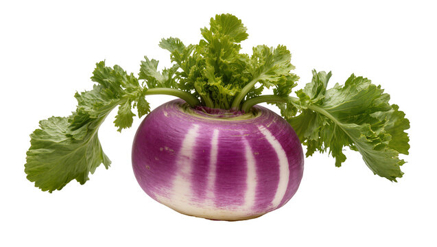 Purple striped turnip root with fresh green leafy tops