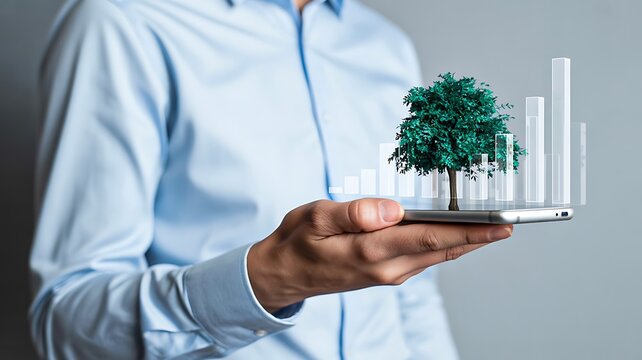 Business professional holding digital eco city model with sustainability and smart technology concept