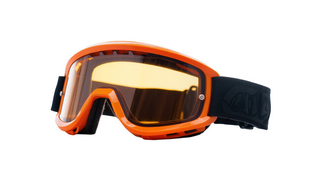 Bright orange motocross goggles with black strap and lens