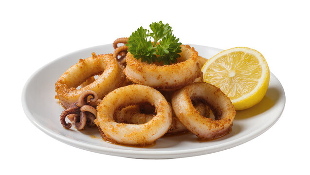 Fried Calamari Rings with Lemon and Parsley on White Plate