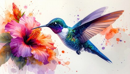 Fototapeta premium Detailed watercolor illustration of colorful hummingbird with iridescent feathers hovering near bright pink and orange hibiscus flower