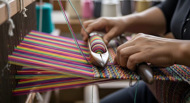 Close-up of hands weaving colorful striped fabric on a traditional loom