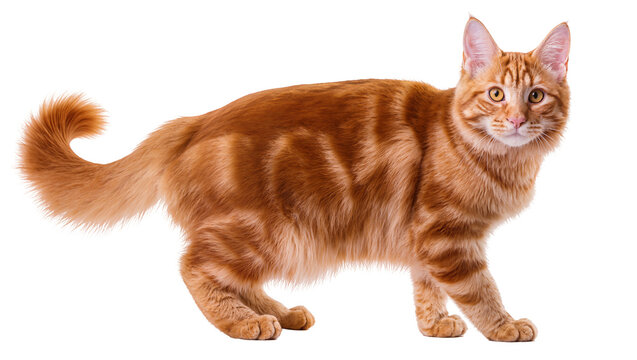 Ginger tabby cat standing full body portrait with fluffy fur