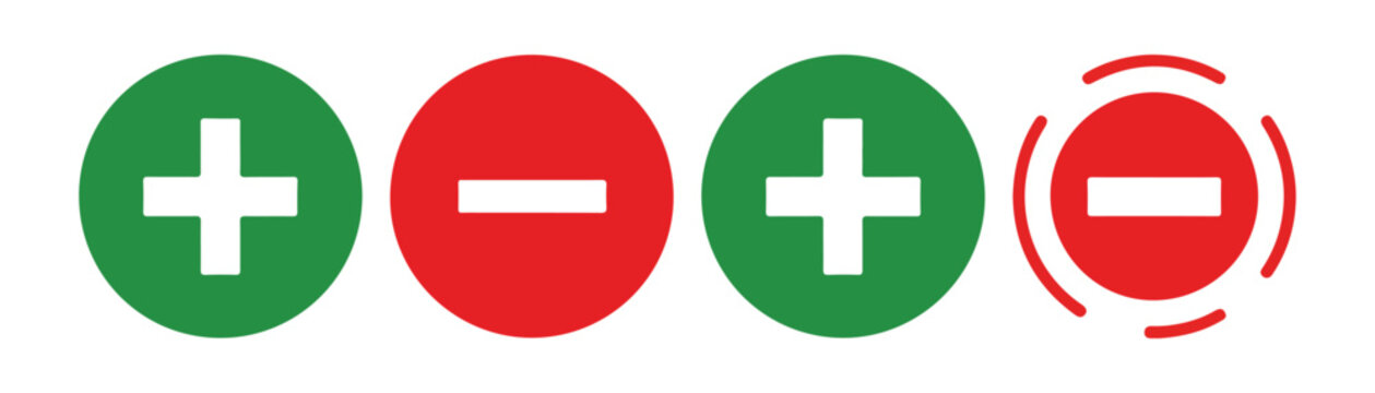Plus and minus icons in circles on transparent background set vector illustration.