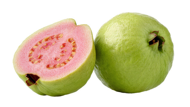 Pink flesh guava halves and whole fruit close-up