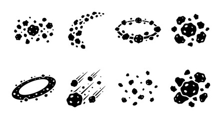 Hand-drawn asteroid belt icons, black ink space debris and meteorites set, 8 celestial rock vector elements for sci-fi gaming and astronomy education © MdArif