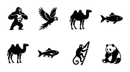 Minimalist animal silhouette icons, black wildlife vector set of 8 elements, gorilla parrot camel fish monkey and panda logo symbols for branding © MdArif