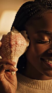 A woman holds a large seashell to her ear with eyes closed and a small smile, lost in the sensory experience of listening to its quiet, inner sound.