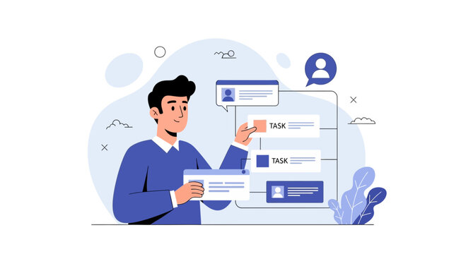 Man managing tasks and projects on a digital board, workflow organization concept