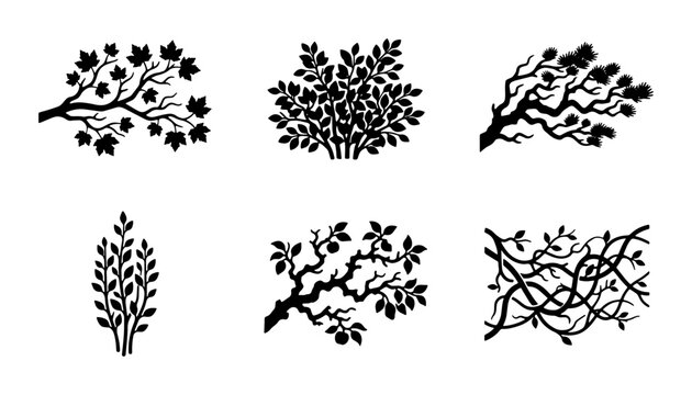 Black silhouette tree branches and foliage set, botanical leaf and bush vector icons, organic plant elements for nature landscape design