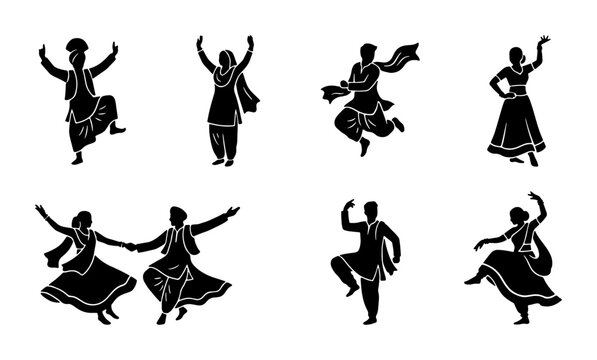 Traditional Bhangra dancers silhouette set, Indian folk dance performers in ethnic clothing, Punjabi cultural celebration vector icons