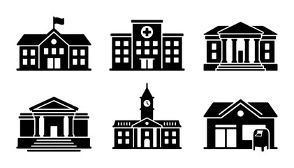 Fototapeta premium Public government building icons set, black silhouette city infrastructure vector elements, hospital school and bank architecture symbols for maps