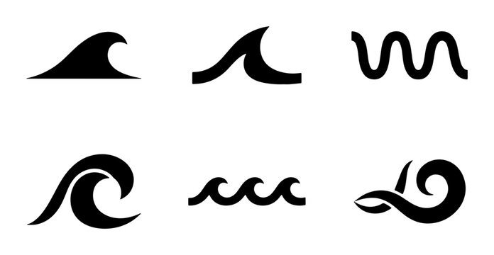Minimalist ocean wave icons set, black sea surf silhouettes, 6 stylized water ripple vector elements for summer branding and logo design