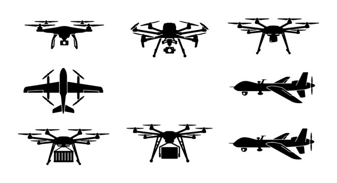 Modern drone silhouette set, professional UAV and quadcopter icons, black unmanned aerial vehicle vector collection for logistics and surveillance