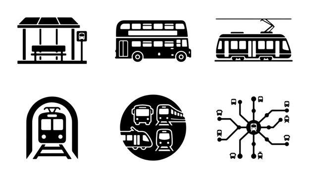 Public transport icon set, black and white city transportation vector symbols, double decker bus and subway train silhouettes, urban transit map elements