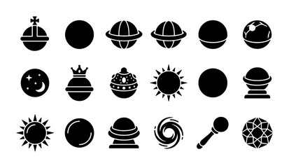 Celestial and mystical sphere icons, set of 18 black silhouette planet and orb symbols, magic crystal ball and sun vector elements for astrology © Rajib