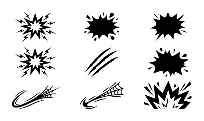 Comic book action effects set, black silhouette explosion bubbles and speech clouds, 9 vector icons for superhero graphic design and manga storytelling © Rajib