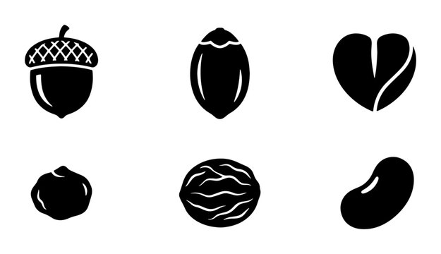 Minimalist nut and seed icon set, black silhouette nut collection including acorn and walnut, 6 vector elements for food packaging and healthy snack branding