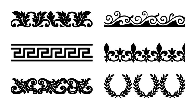 Vintage ornamental borders and dividers set, black decorative floral vector elements, classic greek key and fleur de lis patterns for invitation design