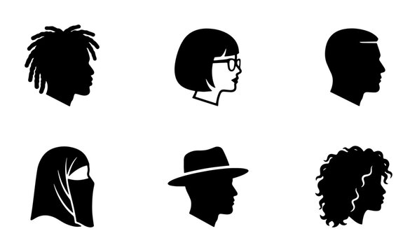 Diverse people profile silhouettes, set of 6 human head icons in side view, black vector avatars with various hairstyles and accessories