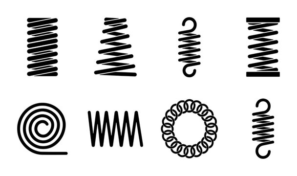 Industrial metal spring icons set, black steel coil vector collection, mechanical spiral and tension wire elements for engineering design