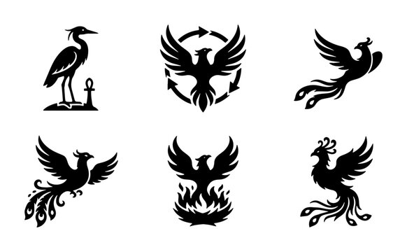 Mythical phoenix bird silhouettes, set of 6 black firebird vector icons, ancient egyptian heron and rebirth symbols for logo design