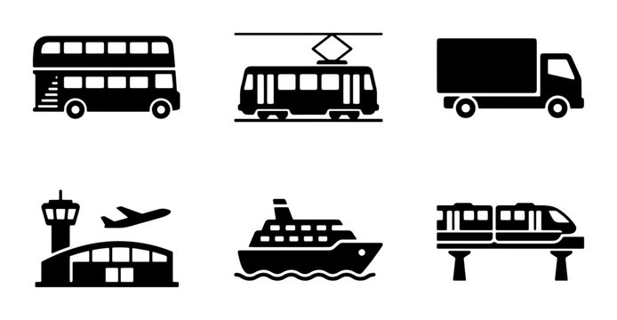 Public transportation icons set, black vector silhouettes of bus, train, and ship, logistics and travel symbols for maps and wayfinding, 6 elements
