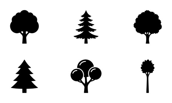Minimalist tree icons set, black silhouette forest and nature symbols, collection of 6 vector tree shapes for landscaping and environment design