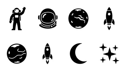 Minimalist space exploration icon set, black solid astronaut and rocket ship vector symbols, 8 astronomy and galaxy glyph icons for web design © Taslima