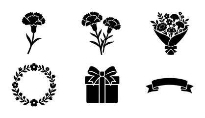 Carnation flower icon set, black silhouette floral bouquet and wreath vectors, 6 celebration elements for Mother's Day and greeting card design © Rajib