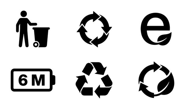 Eco-friendly recycling icons set, black minimalist environmental symbols, sustainable waste management signs, 6 vector elements for green packaging