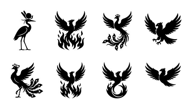 Mythical phoenix bird silhouettes set, 8 black firebird vector icons, legendary eagle and heron symbols, fantasy creature logo elements for branding