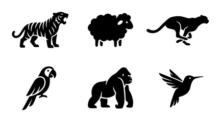Minimalist animal silhouette icons, set of 6 black vector wildlife logos, modern tiger sheep cheetah parrot gorilla and hummingbird symbols © Shanjida