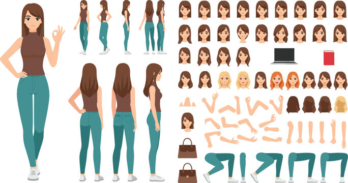 Female Character Creation Kit Featuring Full Body Poses Facial Expressions Hairstyles and Accessories for Animation Design Game Development and Custom Avatar Illustration.