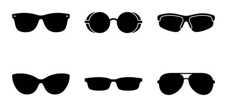 Black sunglasses silhouette icons set, collection of 6 eyewear vector shapes, fashion sun glasses and aviator frames for summer vacation branding