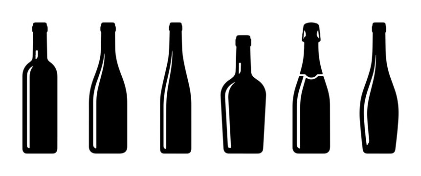 Minimalist wine bottle silhouettes, set of 6 black glass alcohol bottle icons, vector beverage packaging shapes for winery branding and menu design