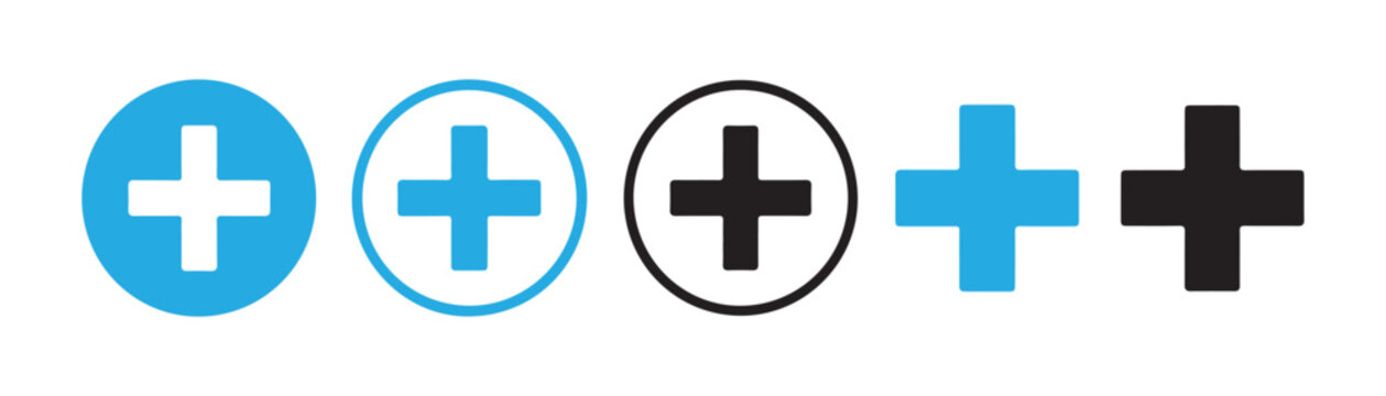 Blue and black addition symbols in various circle styles for digital user interface and application dashboard.