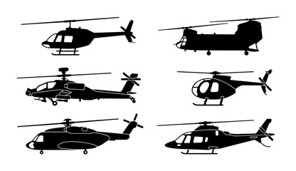 Helicopter silhouette vector collection, set of 6 black aircraft icons, military and civilian chopper transport symbols, aviation flight graphics © Shanjida