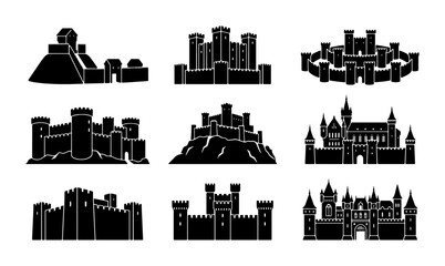 Medieval castle silhouette icons set, ancient fortress and citadel vector collection, black palace and kingdom stronghold graphics for maps and gaming © Shanjida