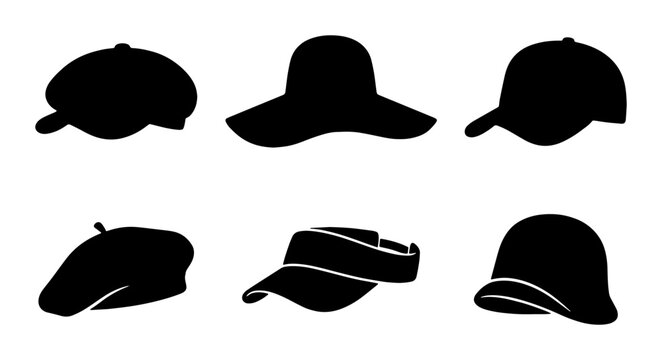 Black hat silhouettes collection, set of 6 headwear icons including beret and baseball cap, fashion accessories vector illustrations for apparel design