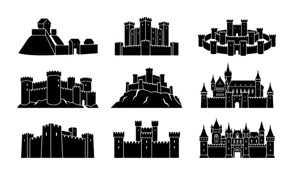 Medieval castle silhouette icons set, ancient fortress and citadel vector collection, black palace and kingdom stronghold graphics for maps and gaming