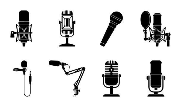 Professional microphone silhouette icons set, 8 studio recording equipment vectors, vintage and modern podcast mic collection for audio production