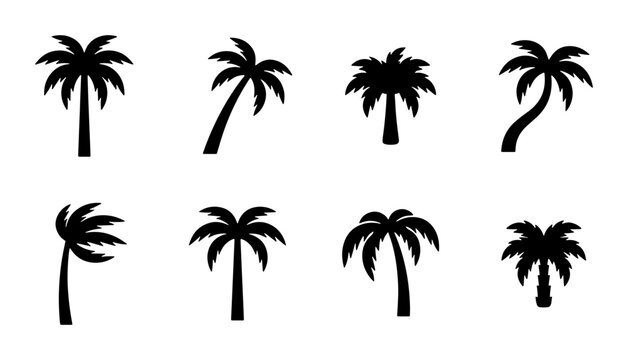 Black palm tree silhouettes, set of 8 tropical coconut tree icons, minimalist summer vacation vector elements for travel branding and beach logos