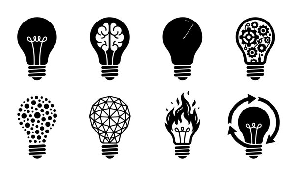 Creative light bulb icons set, 8 black vector lightbulb symbols for innovation and brainstorming, conceptual business idea and logic signs